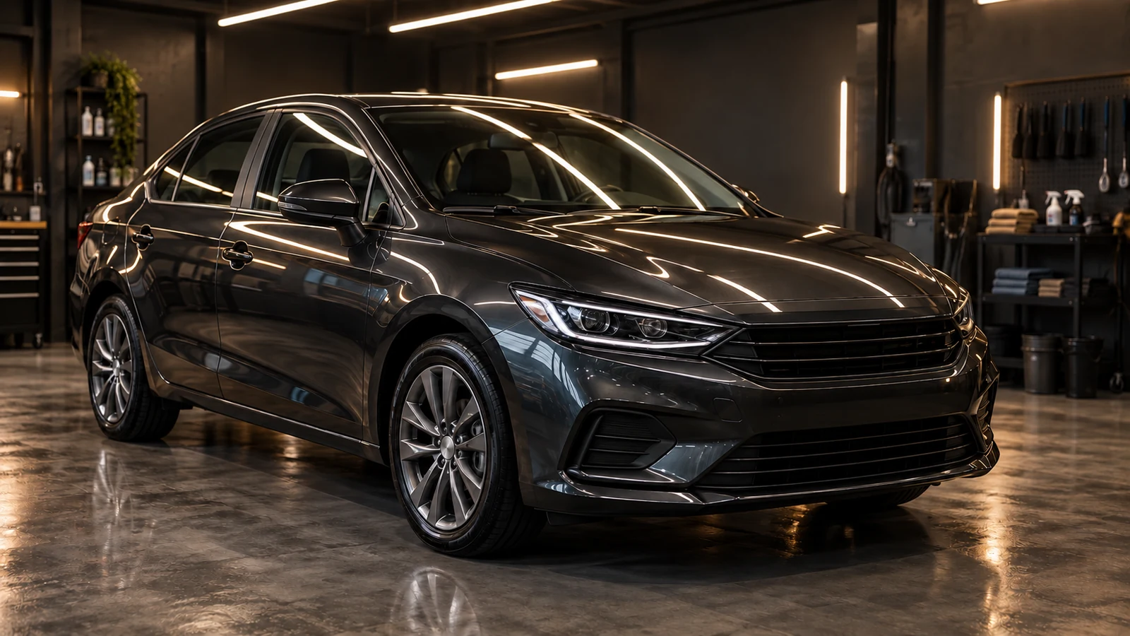 Carro escuro recém-polido refletindo as luzes da garagem no capô