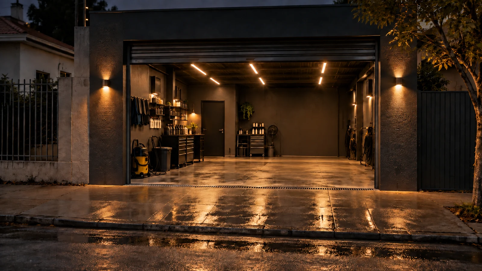 Fachada da garagem à noite, com o portão aberto e o piso molhado refletindo as luzes
