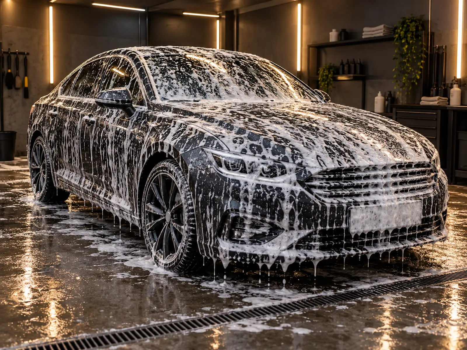 Carro coberto de espuma durante a lavagem, dentro da garagem iluminada