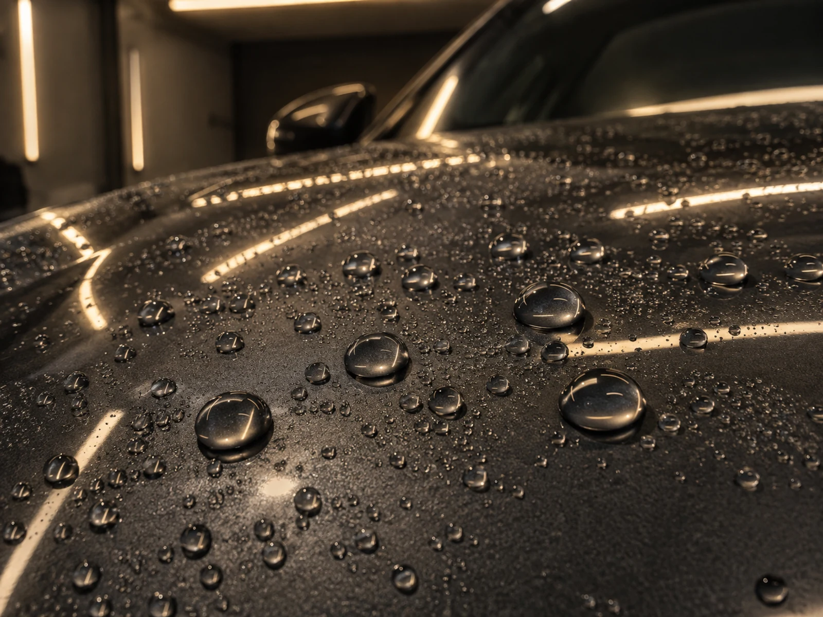 Gotas de água paradas sobre a pintura escura já vitrificada